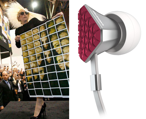Lady Gaga for Polaroid (L) and the Gaga designed Monster Heartbeats earbuds