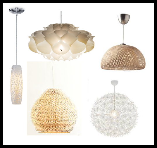 Clockwise, from far left: Cambden White Mosaic Pendant Lamp, $70 on Bed Bath & Beyond; Phrena Pendant Lamp by Artecnica, $78 on Velocity; BOJA Pendant Lamp, $60 on IKEA; IKEA PS MASKROS Pendant Lamp, $90 on IKEA; Woven Pendant Lamp, $199 on West Elm.