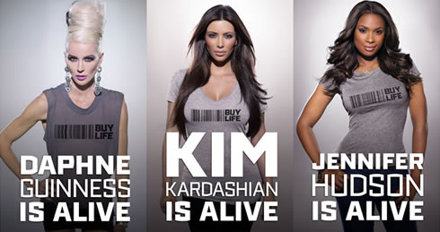Daphne Guiness, Kim Kardashian and Jennifer Hudson for the Buy Life anti-Twitter campaign
